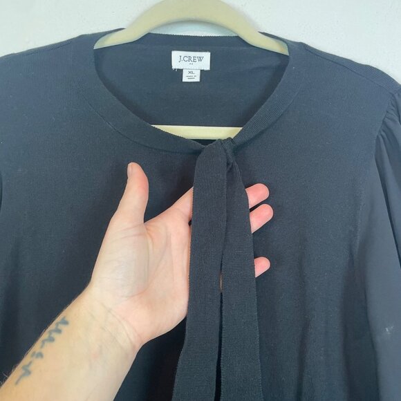 J. Crew Factory‎ Women's XL Black Mixed Media Sweater Neck Bow Tie Chiffon BC538 - Picture 3 of 8